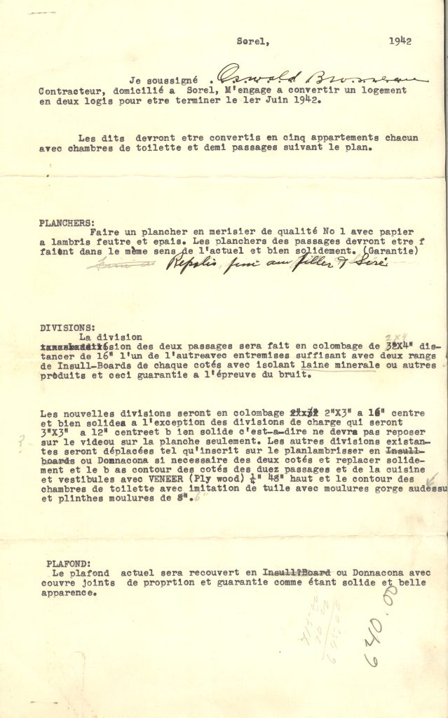 Contrat de travail entre Oswald Brosseau et Hector Charbonneau, 9 avril 1942.