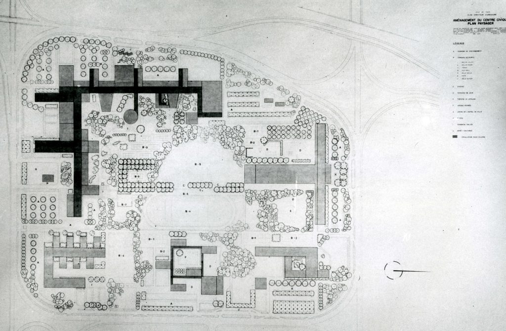 Plan de l'aménagement du Centre Civique de Tracy en 1966. SHPS, Fonds Joseph-Cardin, P140, S8, SS1, D4. (Plan paysager)