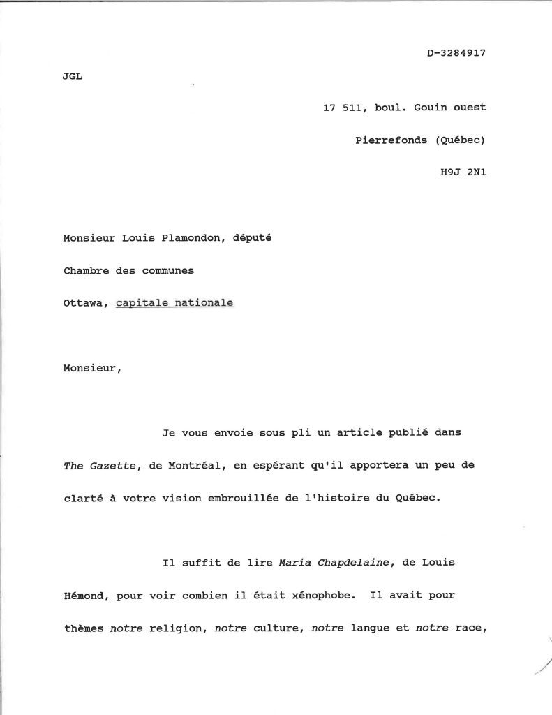 Première page de la lettre de Kenneth T. Tellis à l’attention de Louis Plamondon en 1990. SHPS, Fonds Louis Plamondon, P026, S1, SS2, SSS1, D2.