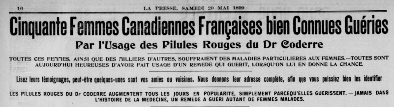 Publicité Pilule du Dr Coderre, La Presse, 20 mai 1899.